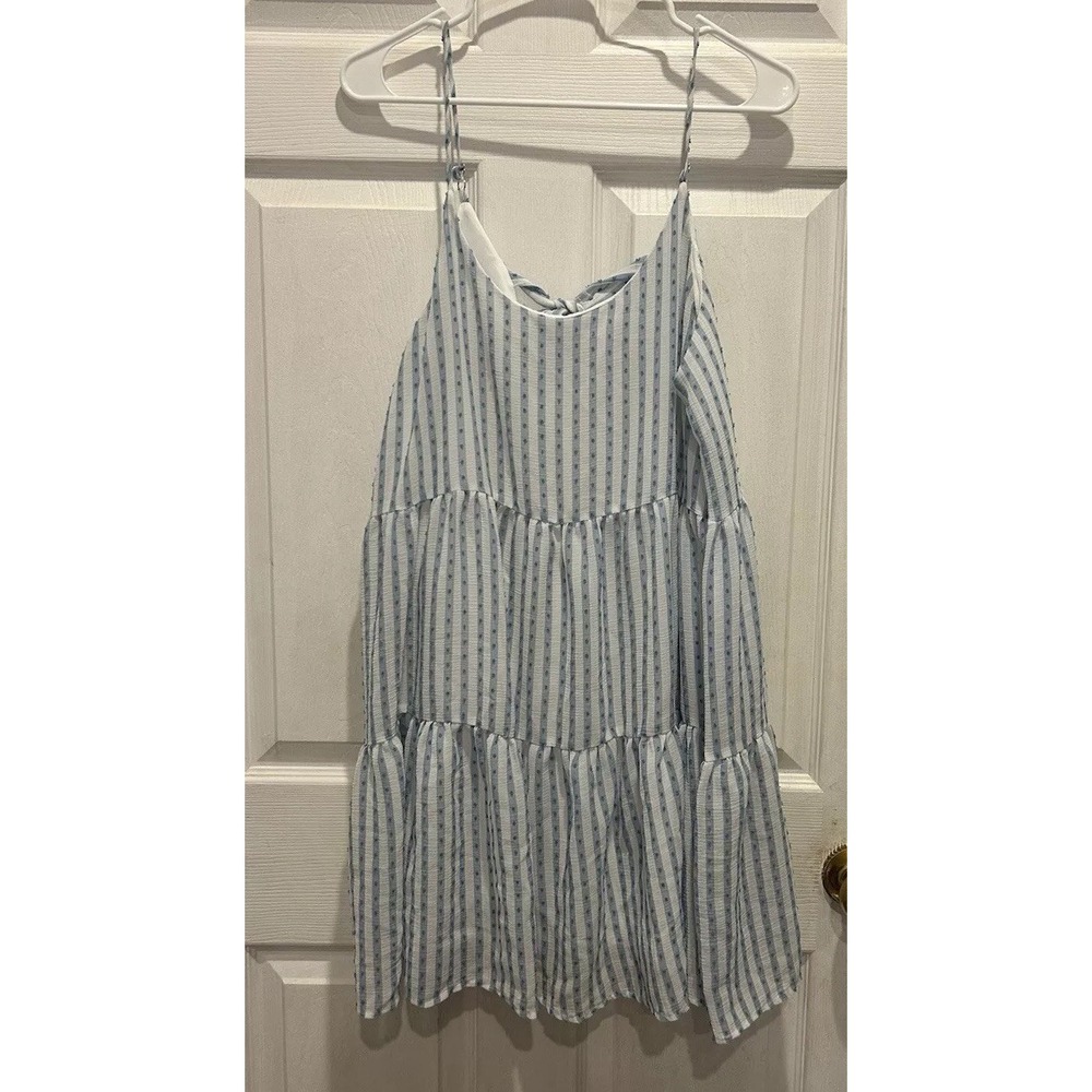 Blu Pepper Blue White‎ Striped Swiss Dot Tiered Mini Dress Large Tie Back Beach
